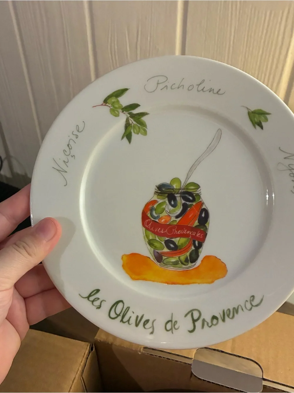 Sur La Table White Ceramic Dessert Plate with Olive Tower Design